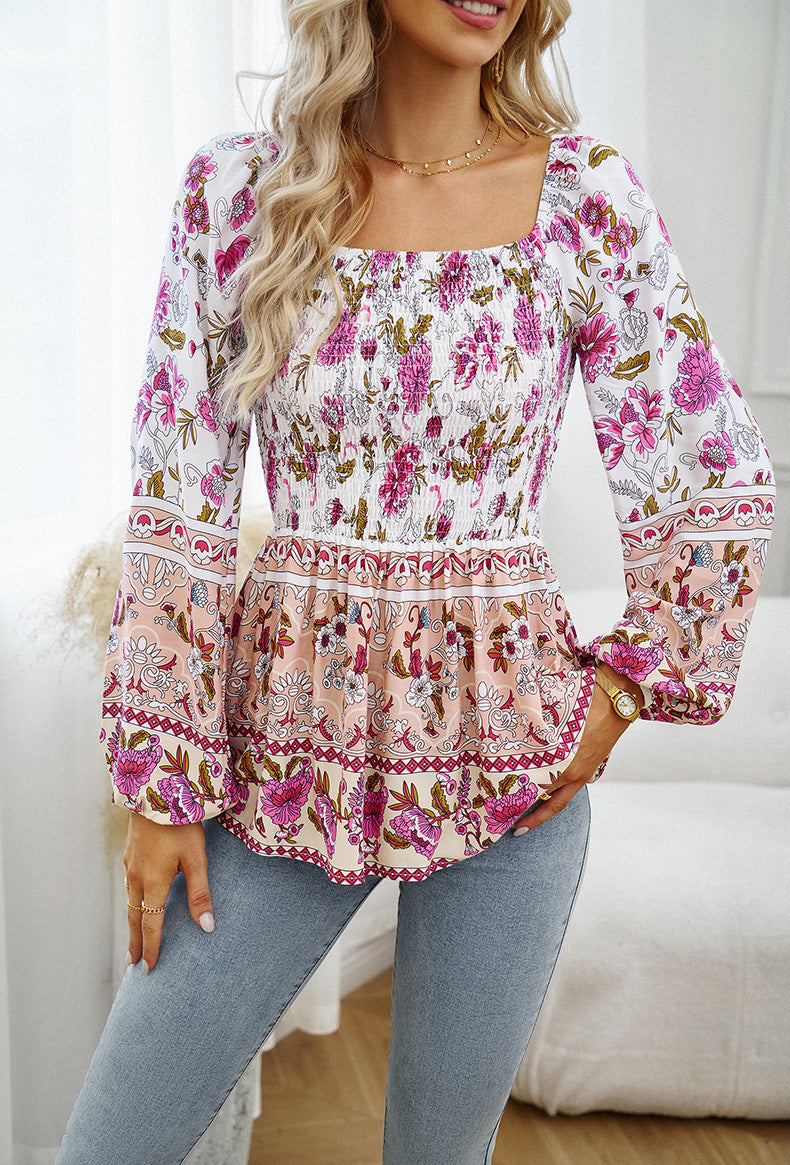 Khaki  Square Neck Off-Shoulder Bohemia Long-Sleeved Top