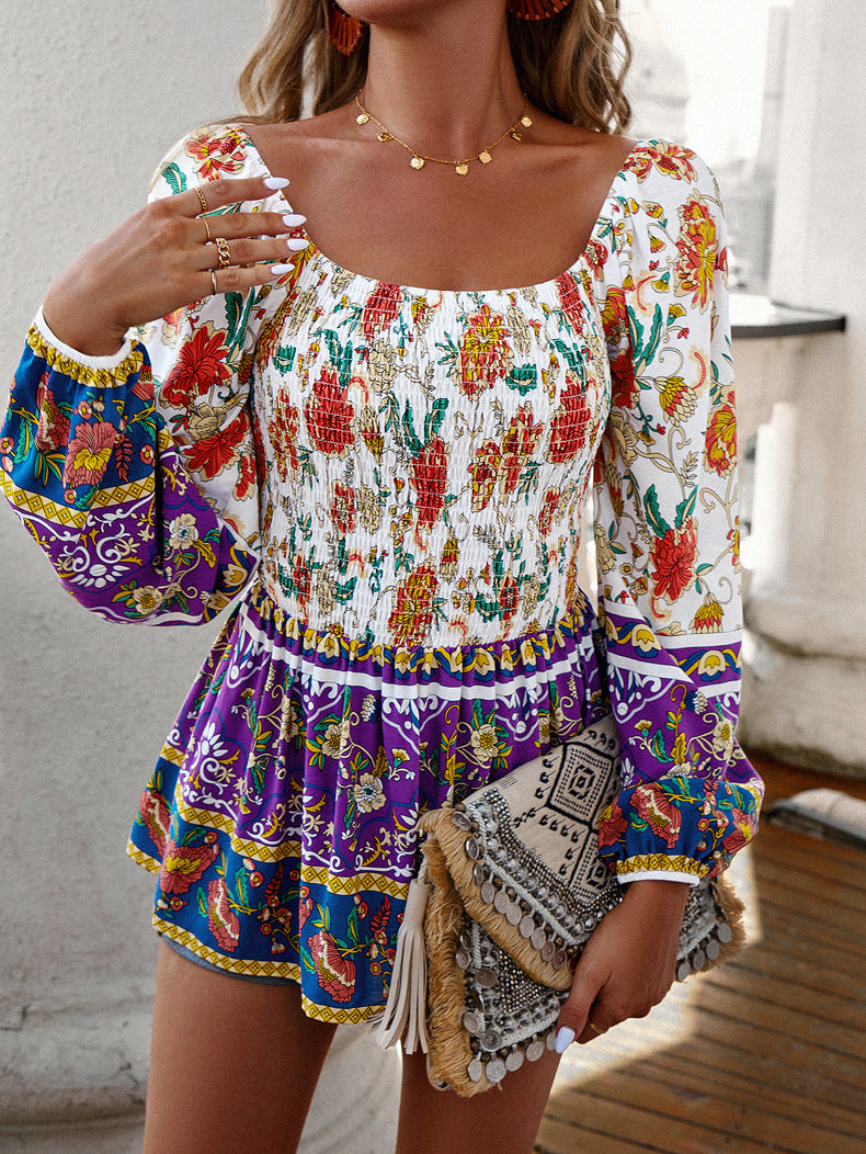 Purple Square Neck Off-Shoulder Bohemia Long-Sleeved Top