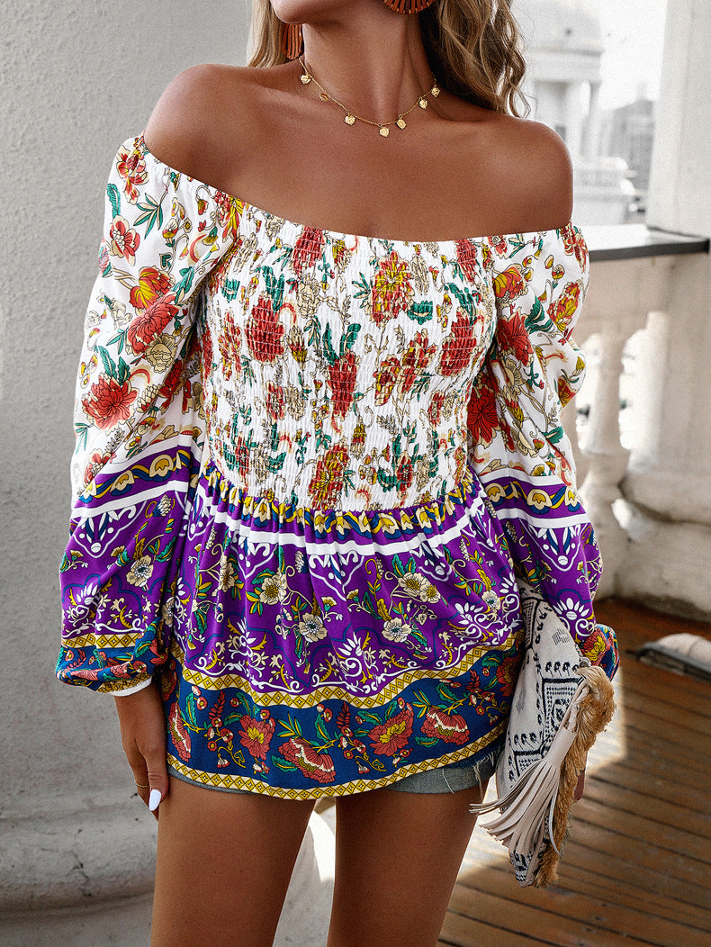 Purple Square Neck Off-Shoulder Bohemia Long-Sleeved Top