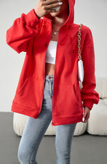 Red Hoodies Jacket Sweatshirts Casual Zip With Pocket