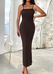 Brown Casual Slip Long Dresses Sexy Backless Bodycon