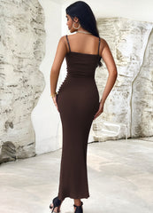 Brown Casual Slip Long Dresses Sexy Backless Bodycon