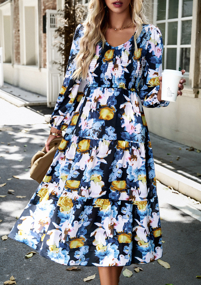 Blue Casual Boho Smocked Tiered Maxi Dress