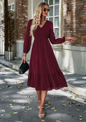 Wine Red Long Sleeve V Neck Ruffle Casual Tie Waist  Maxi Dress