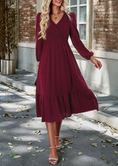 Wine Red Long Sleeve V Neck Ruffle Casual Tie Waist  Maxi Dress