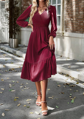 Wine Red Long Sleeve V Neck Ruffle Casual Tie Waist  Maxi Dress