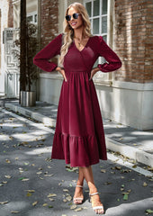 Wine Red Long Sleeve V Neck Ruffle Casual Tie Waist  Maxi Dress