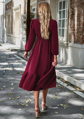 Wine Red Long Sleeve V Neck Ruffle Casual Tie Waist  Maxi Dress