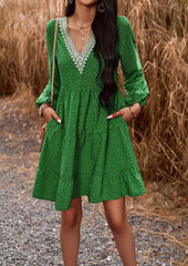 Green V Neck Dress Long Sleeve Polka Dots Dresses