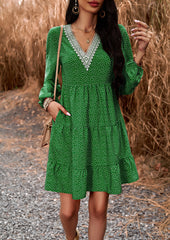 Green V Neck Dress Long Sleeve Polka Dots Dresses