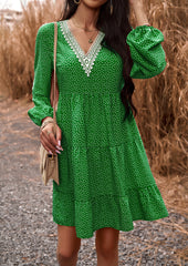 Green V Neck Dress Long Sleeve Polka Dots Dresses