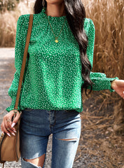 Green Floral Print Long Sleeve Ruffle High Neck Shirt Top