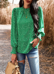 Green Floral Print Long Sleeve Ruffle High Neck Shirt Top