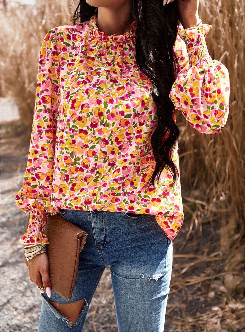 Pink Floral Print Long Sleeve Ruffle High Neck Shirt Top