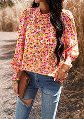 Pink Floral Print Long Sleeve Ruffle High Neck Shirt Top