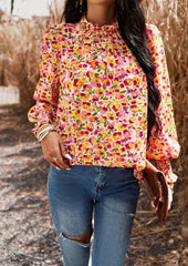 Pink Floral Print Long Sleeve Ruffle High Neck Shirt Top