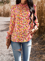 Pink Floral Print Long Sleeve Ruffle High Neck Shirt Top