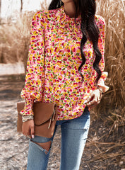 Pink Floral Print Long Sleeve Ruffle High Neck Shirt Top