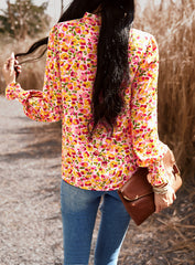 Pink Floral Print Long Sleeve Ruffle High Neck Shirt Top