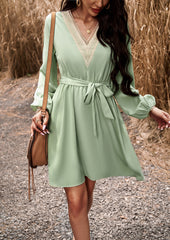 Green Casual V Neck Long Sleeve Tie Waist Dress