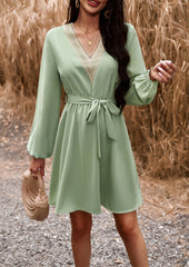 Green Casual V Neck Long Sleeve Tie Waist Dress