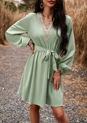 Green Casual V Neck Long Sleeve Tie Waist Dress