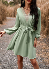 Green Casual V Neck Long Sleeve Tie Waist Dress