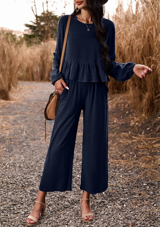 Navy 2 Piece Sets Long Sleeve Tops Wide Leg Pants