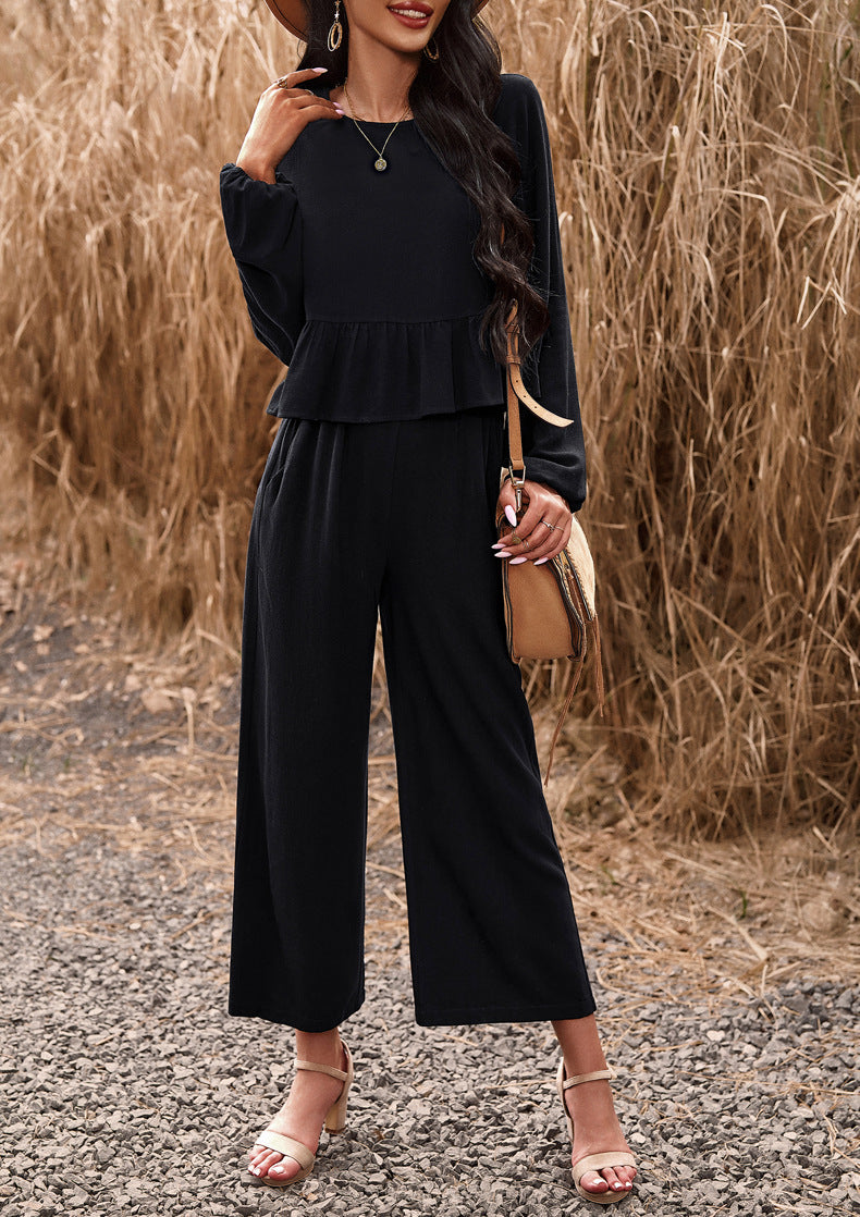 Black 2 Piece Sets Long Sleeve Tops Wide Leg Pants