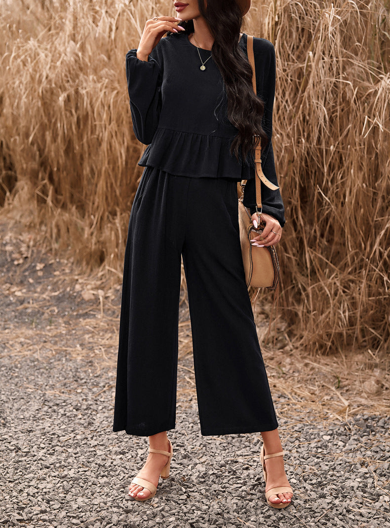 Black 2 Piece Sets Long Sleeve Tops Wide Leg Pants