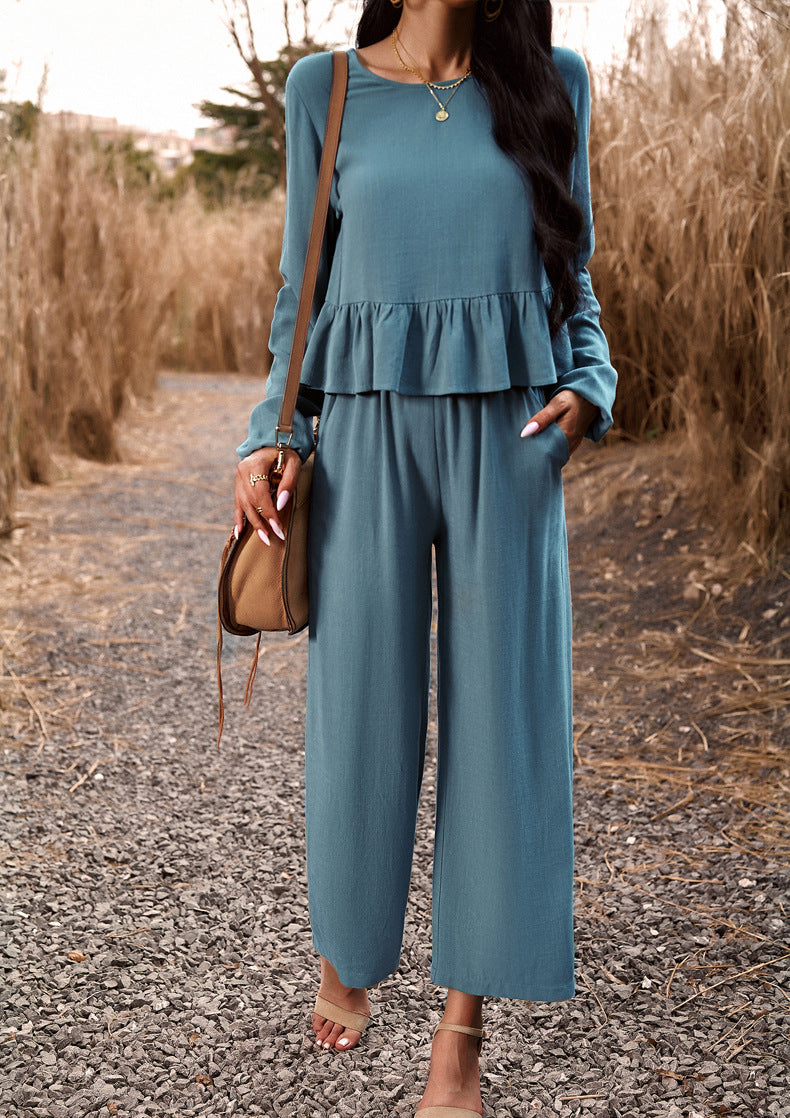 Lake Blue 2 Piece Sets Long Sleeve Tops Wide Leg Pants