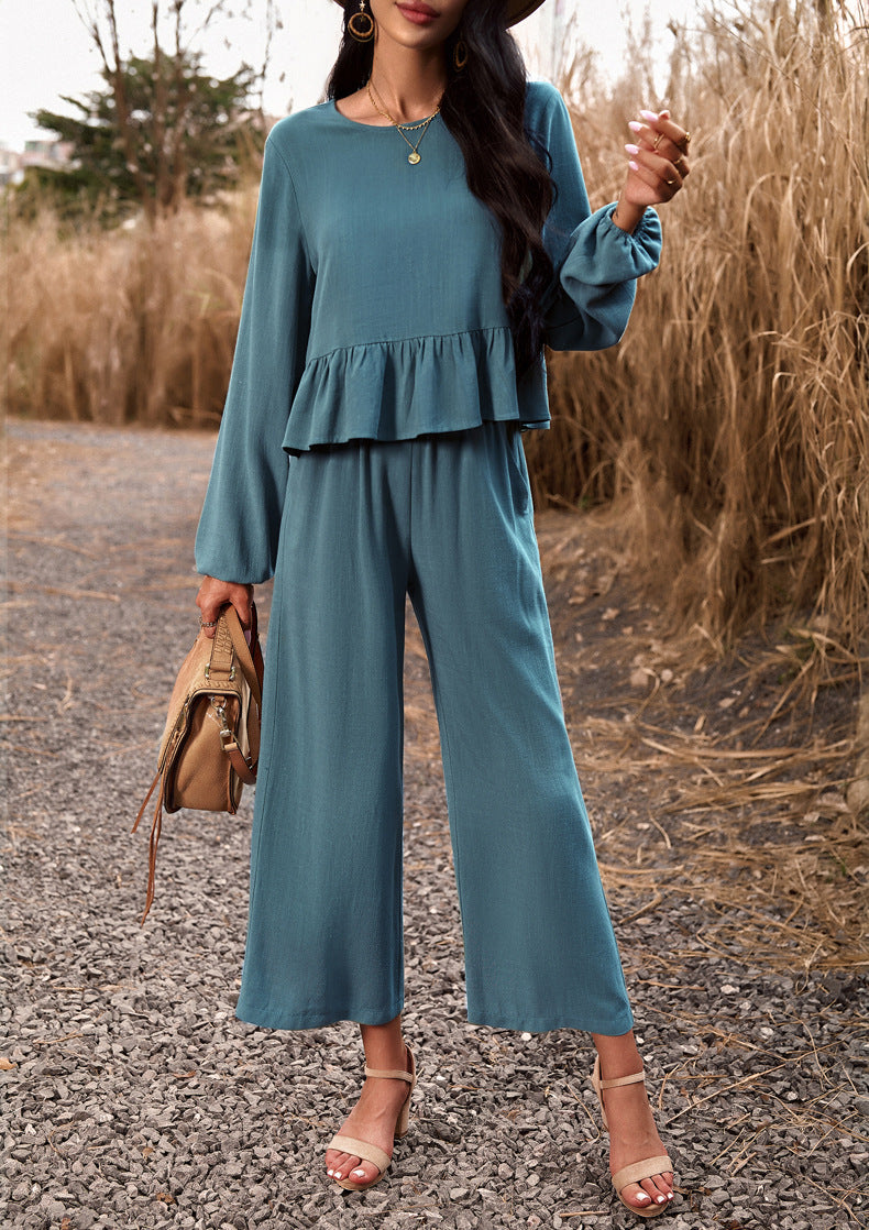 Lake Blue 2 Piece Sets Long Sleeve Tops Wide Leg Pants