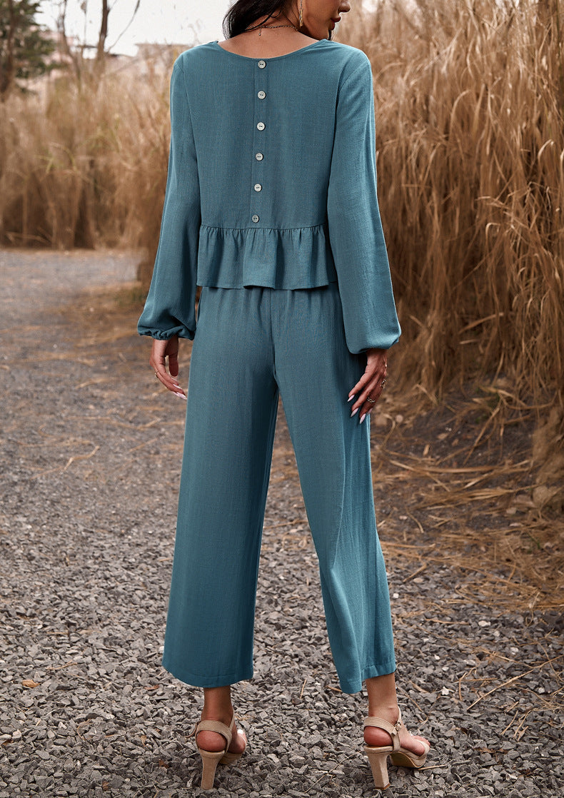 Lake Blue 2 Piece Sets Long Sleeve Tops Wide Leg Pants