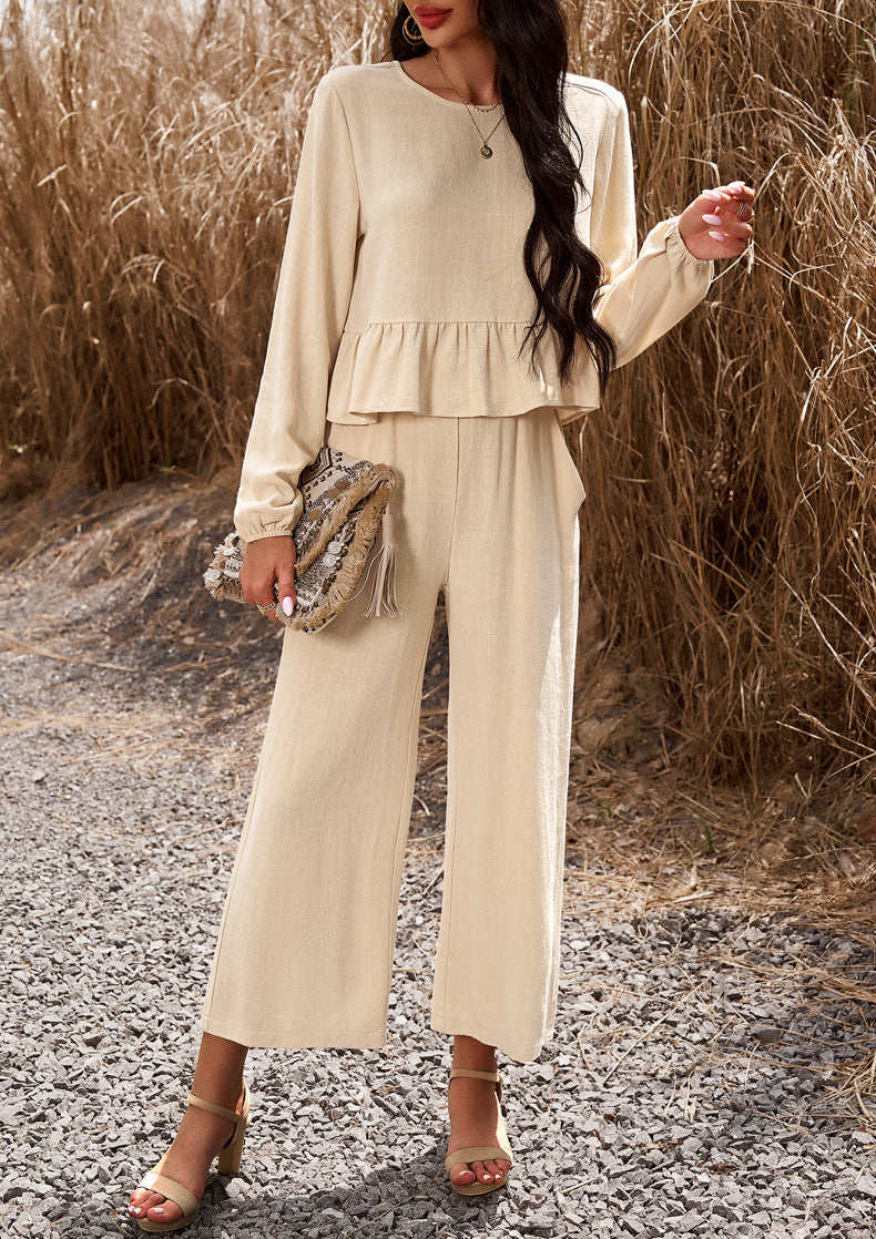 Apricot Blue 2 Piece Sets Long Sleeve Tops Wide Leg Pants