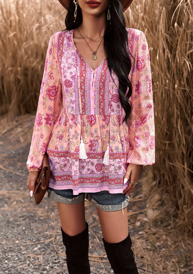 Pink Casual Boho Floral V Neck Drawstring Long Sleeve Tops