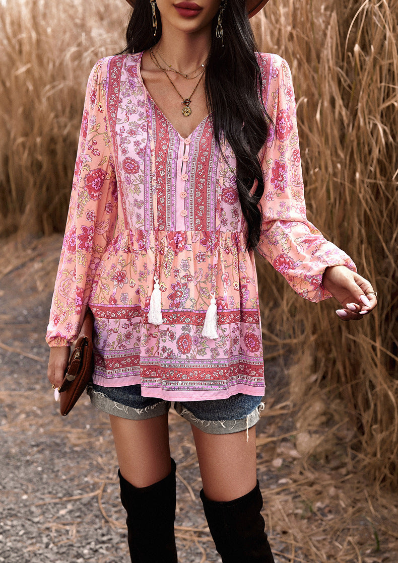 Pink Casual Boho Floral V Neck Drawstring Long Sleeve Tops