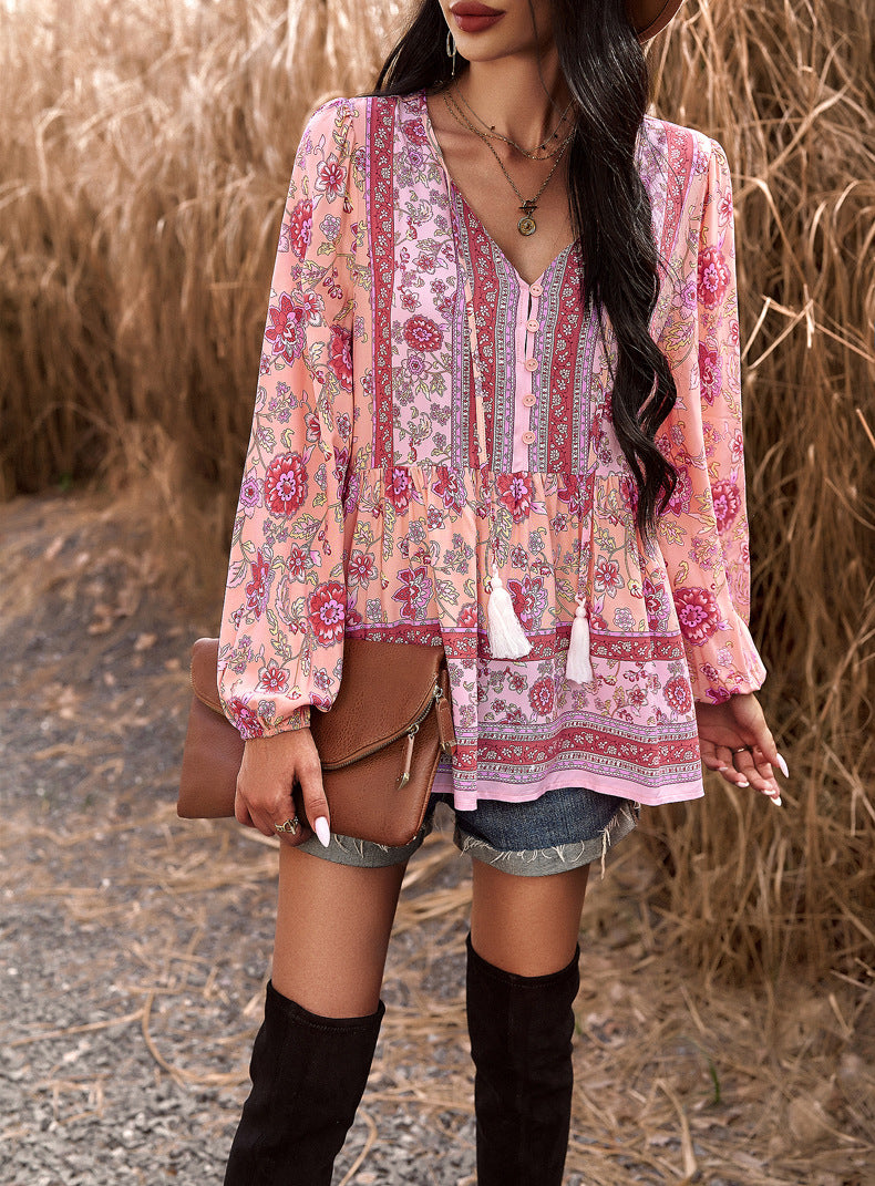 Pink Casual Boho Floral V Neck Drawstring Long Sleeve Tops