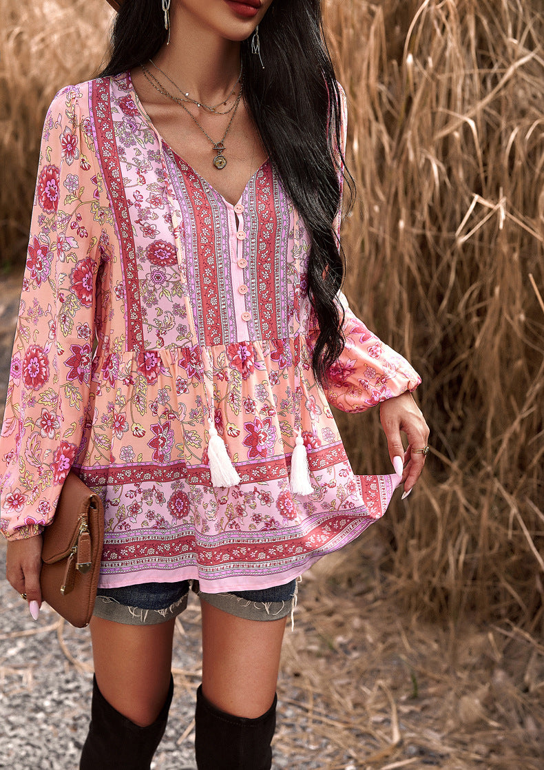 Pink Casual Boho Floral V Neck Drawstring Long Sleeve Tops