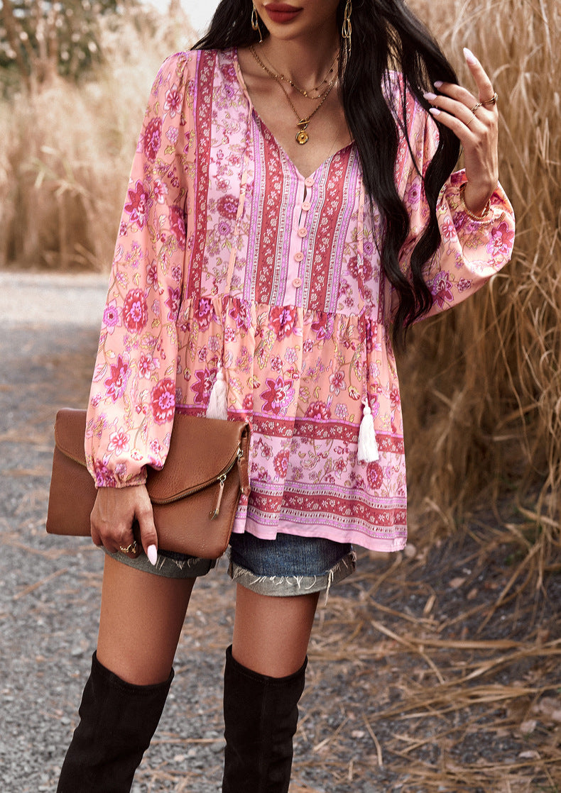 Pink Casual Boho Floral V Neck Drawstring Long Sleeve Tops