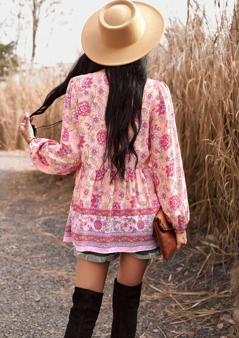 Pink Casual Boho Floral V Neck Drawstring Long Sleeve Tops