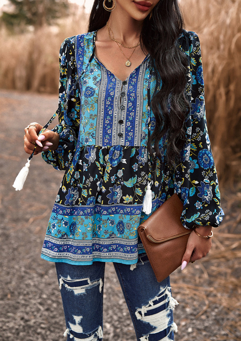 Black Casual Boho Floral V Neck Drawstring Long Sleeve Tops