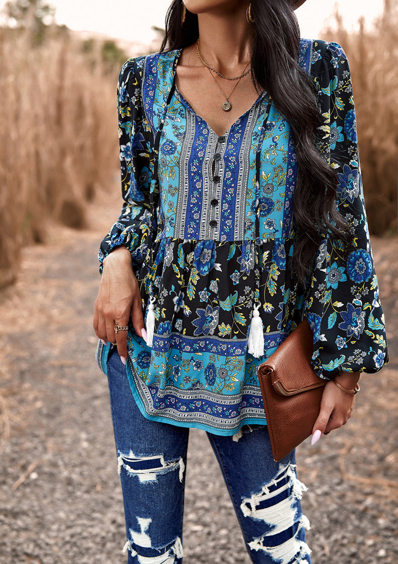 Black Casual Boho Floral V Neck Drawstring Long Sleeve Tops