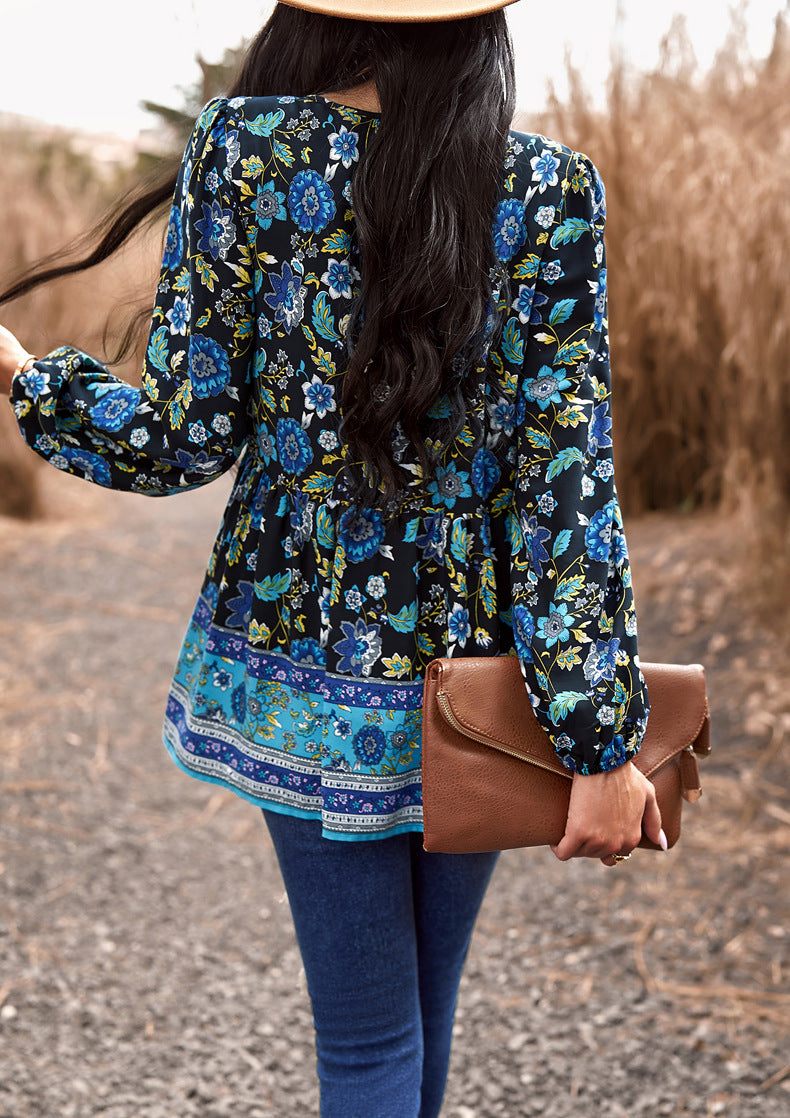 Black Casual Boho Floral V Neck Drawstring Long Sleeve Tops