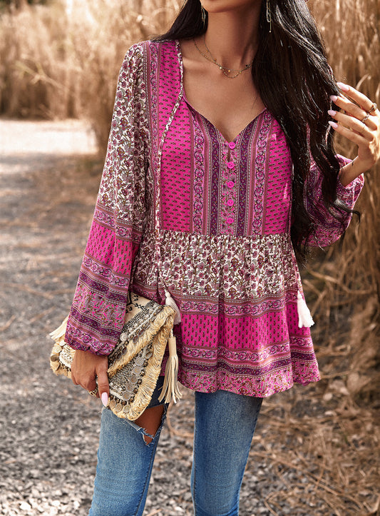 Pink Casual Floral V Neck Long Sleeve Loose Blouses