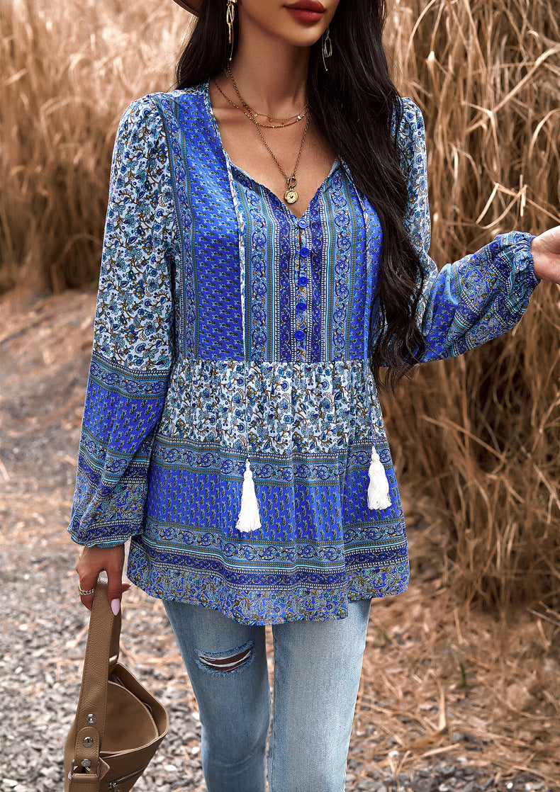 Blue Casual Floral V Neck Long Sleeve Loose Blouses