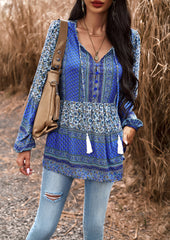 Blue Casual Floral V Neck Long Sleeve Loose Blouses