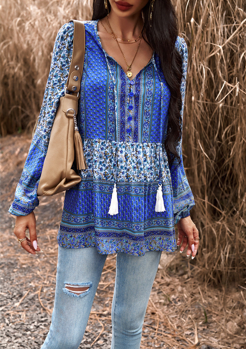 Blue Casual Floral V Neck Long Sleeve Loose Blouses