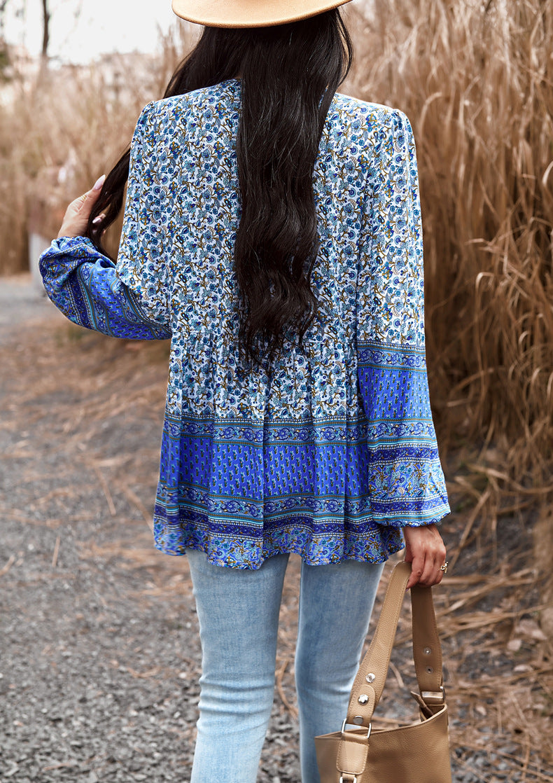 Blue Casual Floral V Neck Long Sleeve Loose Blouses