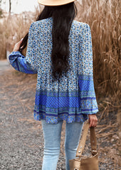 Blue Casual Floral V Neck Long Sleeve Loose Blouses