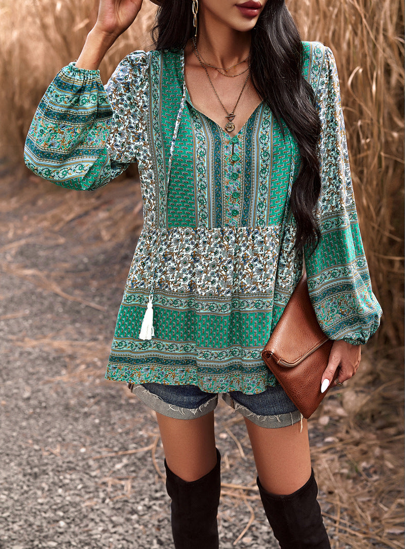 Green Casual Floral V Neck Long Sleeve Loose Blouses